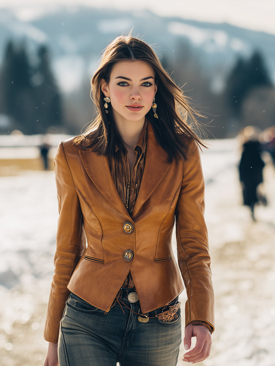 Blazer Marron en Similicuir à Boutons - Style Western