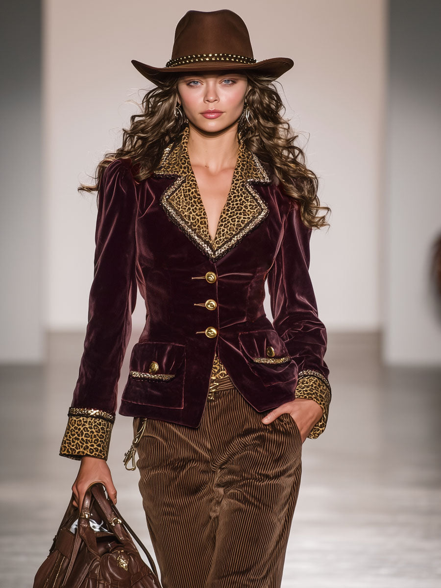 Blazer en velours à motif léopard rétro avec bouton unique