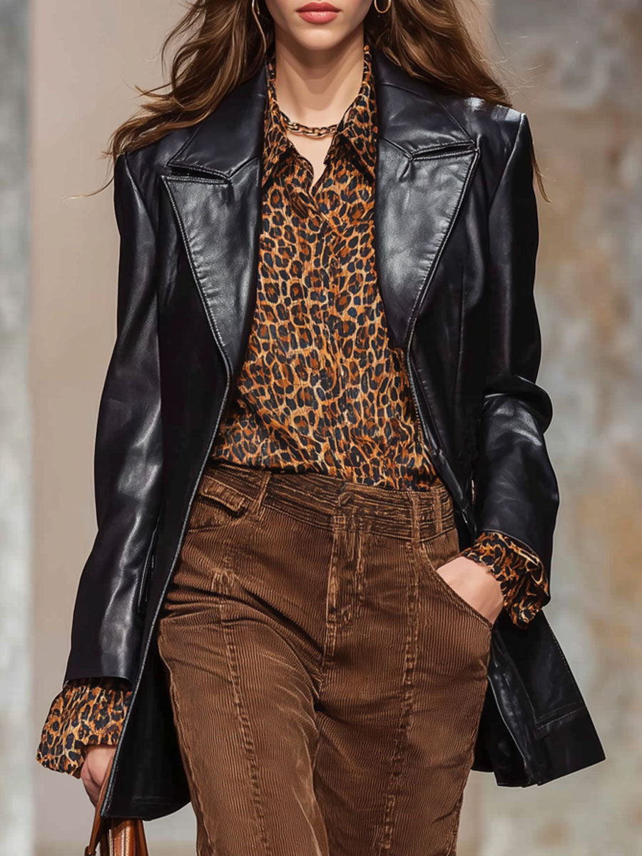 Blazer Noir en Similicuir au Style Rétro avec Revers Ample