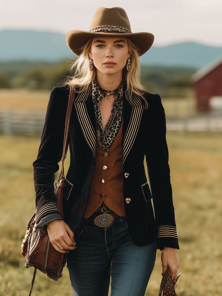 Blazer Noir en Suède Synthétique avec Rayures Western Vintage